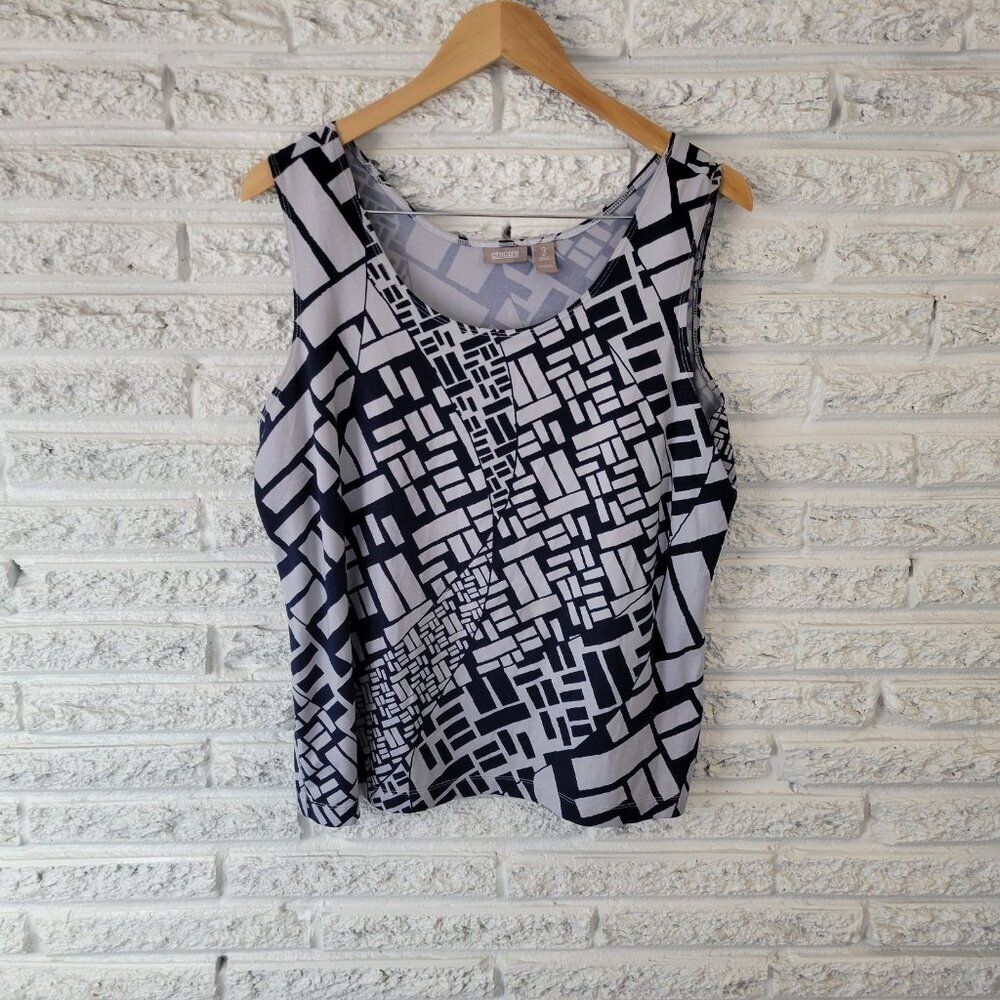 Chico's Women's XL Blue Geometric Tank‎ Top Sleeveless Nylon Spandex GEO138E